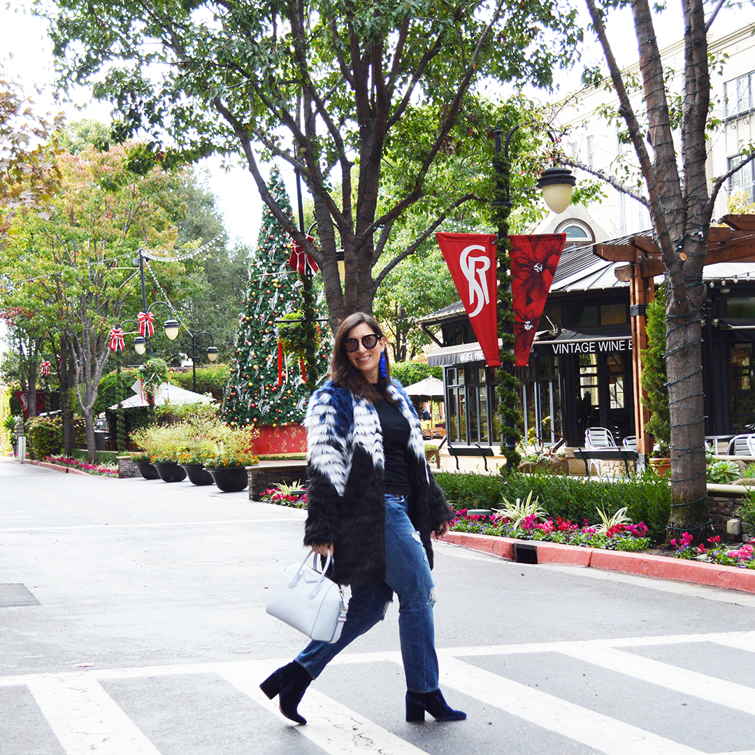 how to wear faux fur with jeans