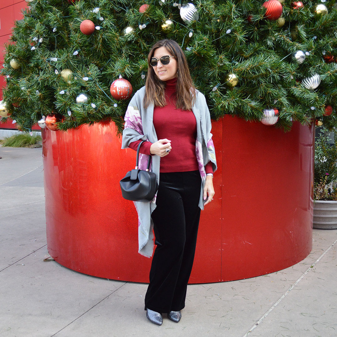 chicos coolmax turtleneck sweater velvet pants scarf