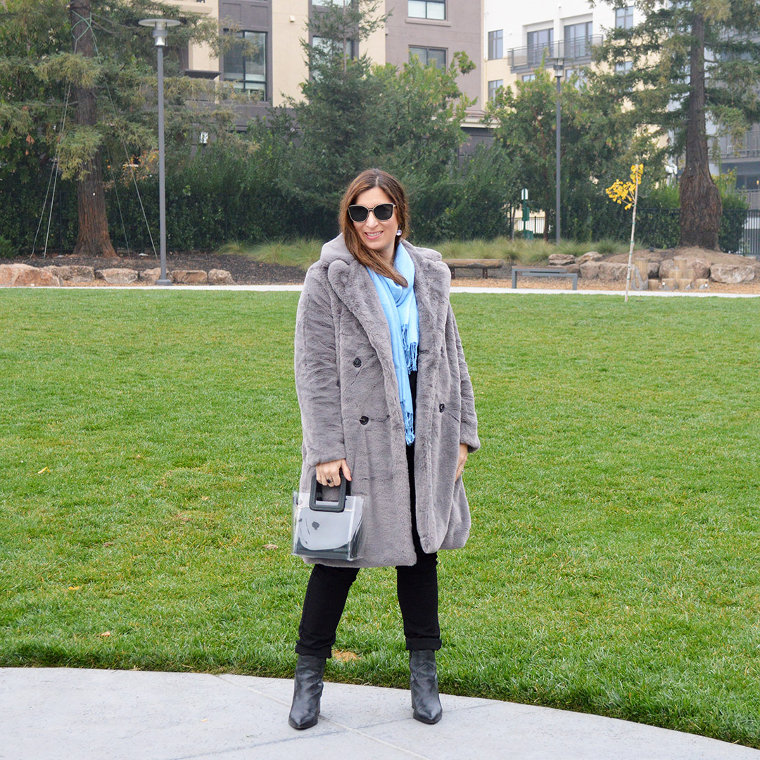 grey faux fur coat san jose street style