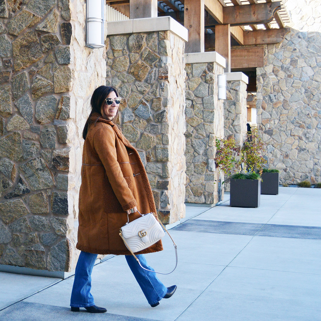 apparis brown faux fur shearling coat outfit ideas