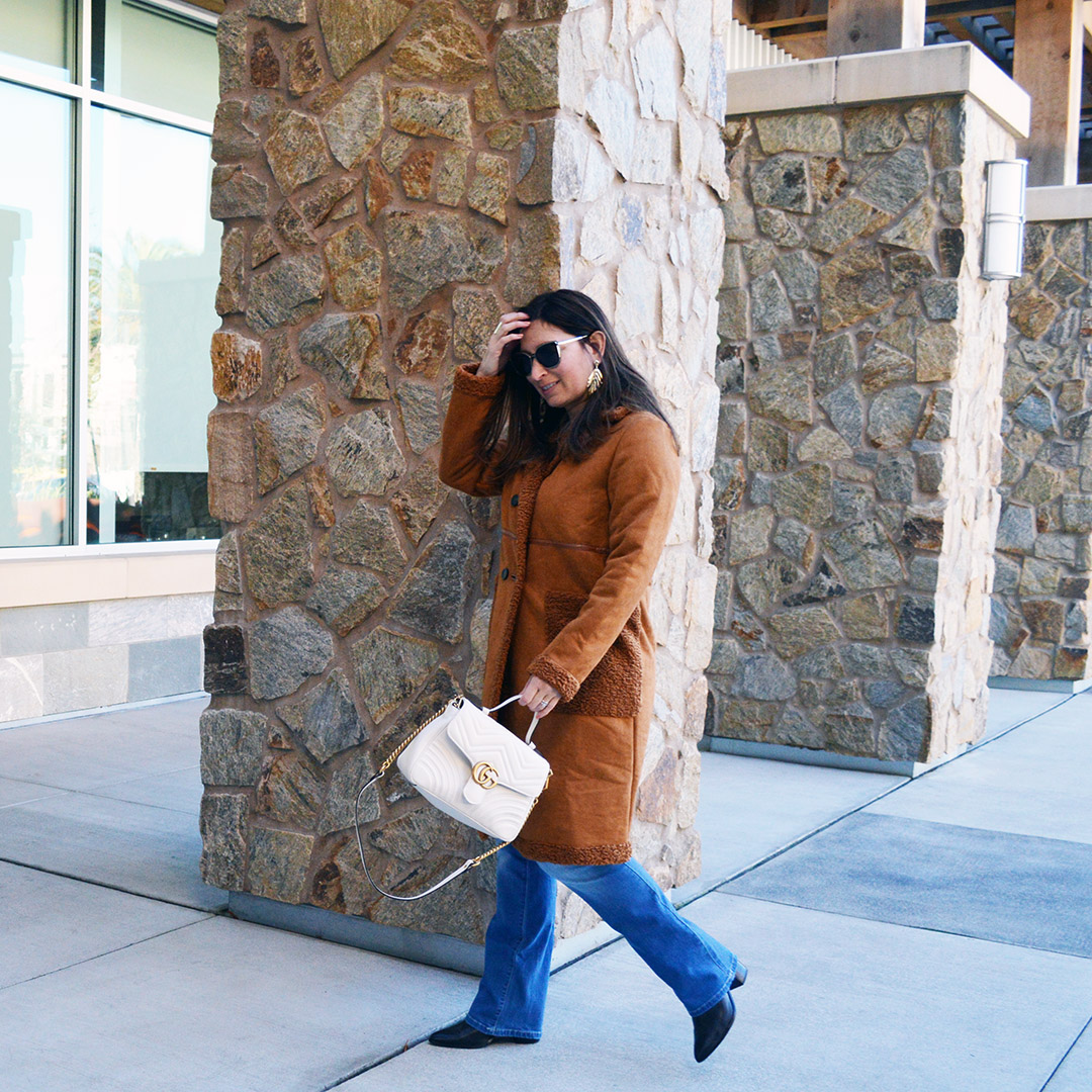 brown faux fur shearling coat