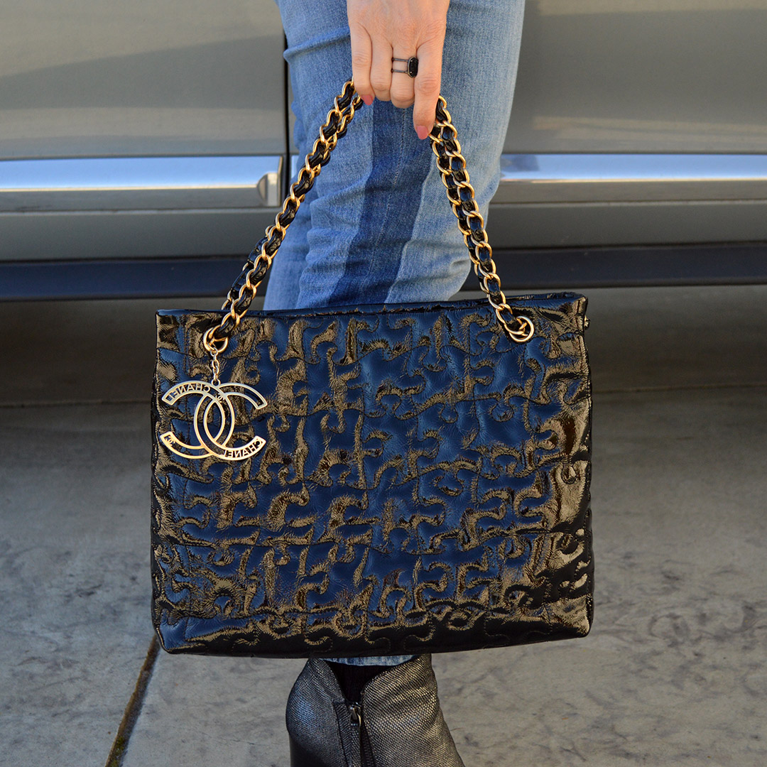 chanel puzzle pieces tote black patent karl lagerfeld