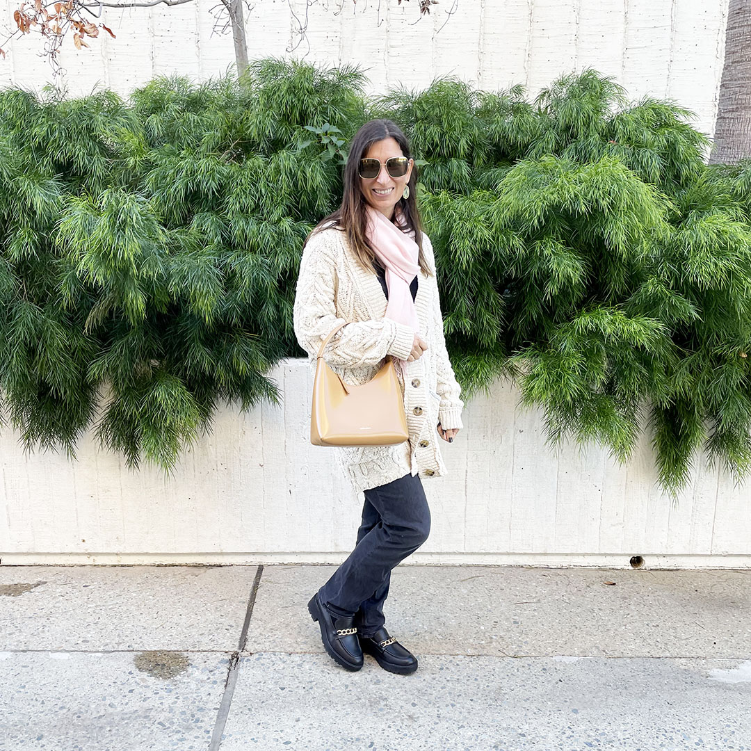 chunky knit sweater and jeans