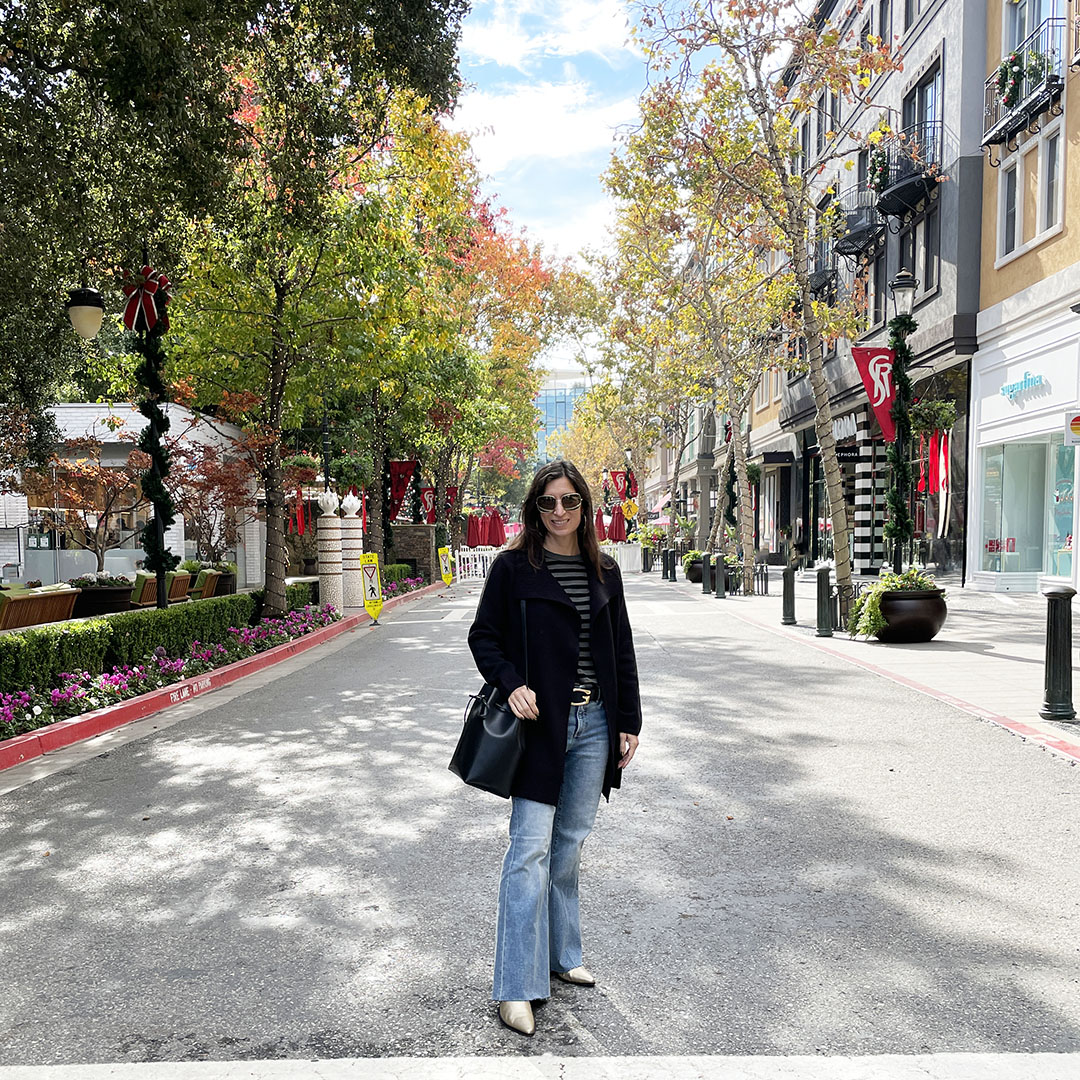 sweater coat and flare jeans