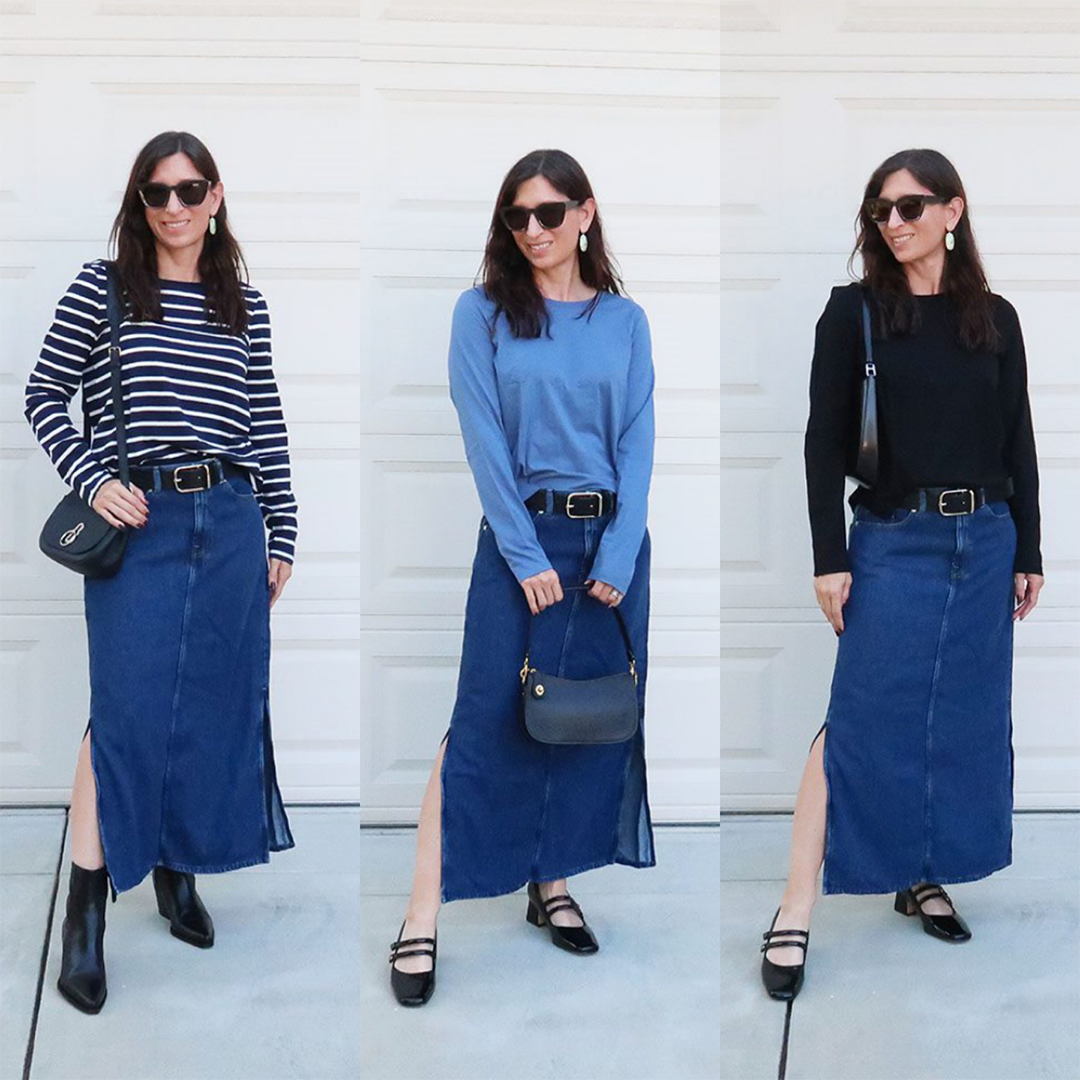 denim pencil skirt outfits fall 2023