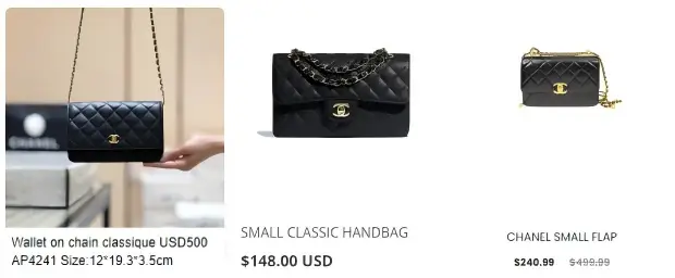 Three Chanel handbag grades shown with prices