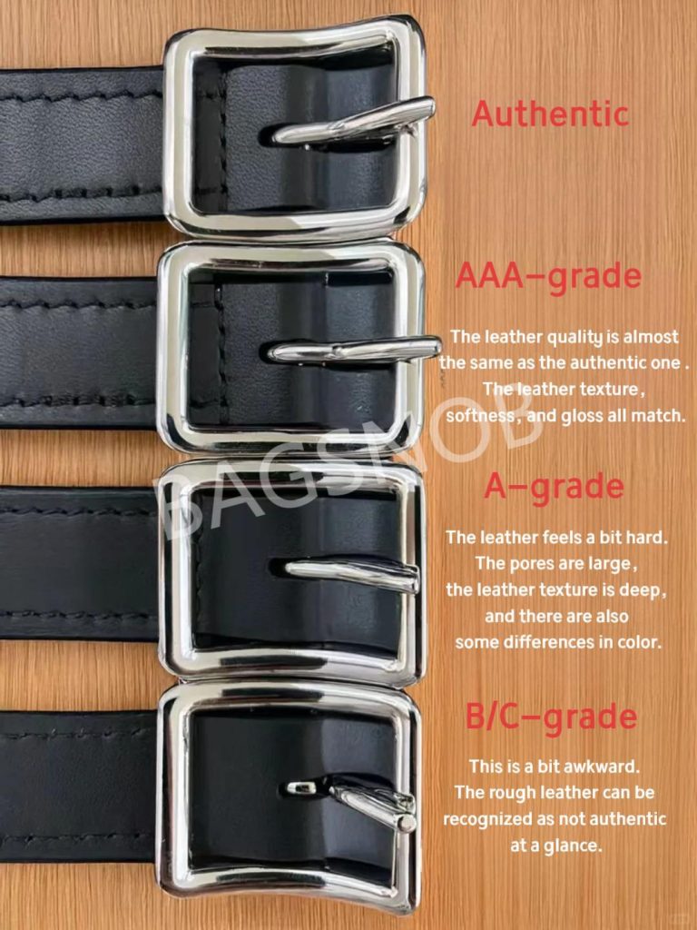 Comparison of Louis Vuitton Black Knight bag belt buckles between authentic, AAA - grade, A - grade, and B/C - grade, illustrating leather and buckle quality variations.