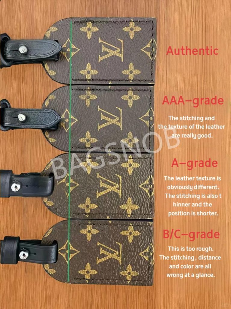 Comparison of Louis Vuitton Black Knight bag tags for authentic, AAA - grade, A - grade, and B/C - grade, highlighting differences in stitching and leather texture.
