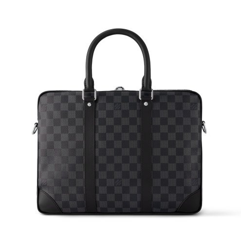 A Louis Vuitton briefcase in the Damier Graphite pattern, a sophisticated choice for professional use.