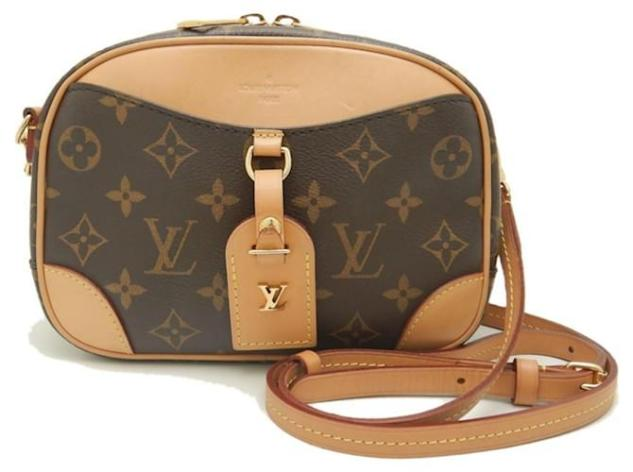 A Louis Vuitton crossbody bag with classic monogram pattern and tan leather details, showcasing elegant design for daily use.