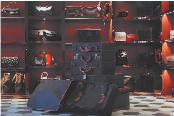 Display of various luxury handbags and luggage in an upscale store with elegant lighting and wooden shelving.