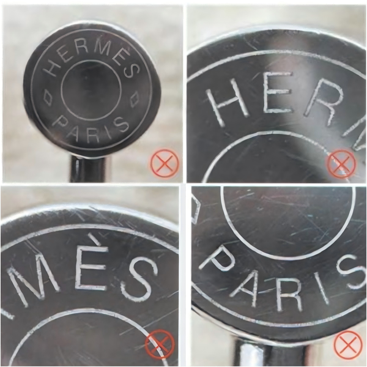 Fake Hermès luxury bag hardware with "Hermès Paris" engraved on a circular metal accessory.