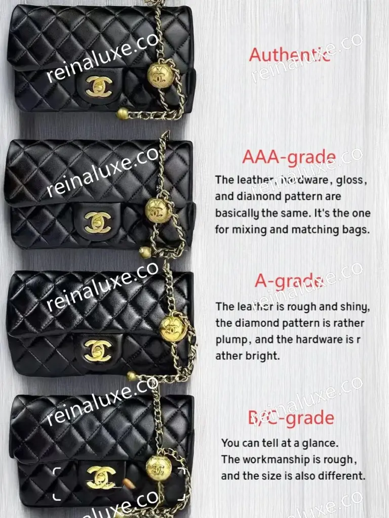 AAA Replica Chanel  CF Mini Gold Ball Bag-Overall comparison of different versions of Chanel CF Mini Pearl Crush bag, showing authentic, AAA-replica, A-replica, and B/C-replica editions.