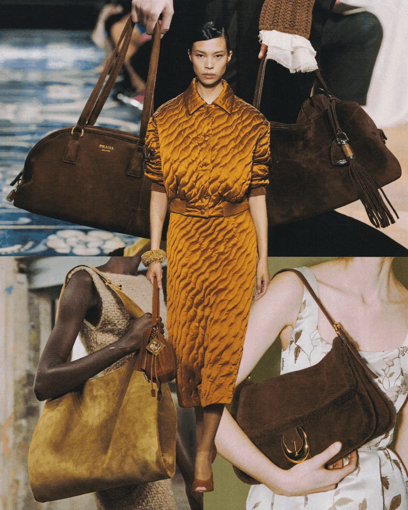2025 luxury bag trends- Courtesy of Prada, Ralph Lauren, Staud, Gabriela Hearst, and Fendi