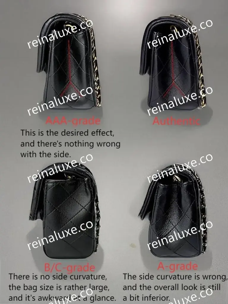 AAA Replica Chanel  CF Mini Gold Ball Bag- Comparison of side profiles in various versions of Chanel CF Mini Pearl Crush bag, showing differences in curvature and bag shape, showing authentic, AAA-replica, A-replica, and B/C-replica editions.