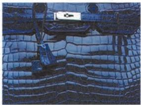 Hermes Leather Types-Lisse (glossy) crocodile in ultraviolet—hand-polished to a glassy sheen, scales look like lacquered tiles.