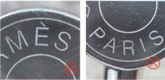 Hermes Kelly Bag Replica-Side-by-side comparison of counterfeit metal engraving on fake Hermès Kelly bag, marked with red X for defects.