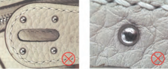 Hermes Kelly Bag Replica-Counterfeit engraved craftsmanship on fake Hermès Kelly bag, marked with red X indicating poor replication.