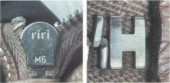 Back view of authentic Riri zipper on Hermès Kelly bag, demonstrating high-quality construction and alignment.