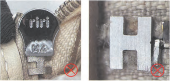 Hermes Kelly Bag Replica-Back view of counterfeit Riri zipper on fake Hermès Kelly bag, highlighting misalignment and substandard materials.