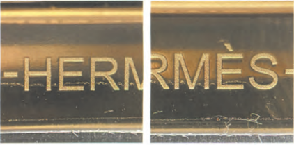 Hermès Constance hardware with "-HERNRMES" engraving – identifying mark on luxury clasp.