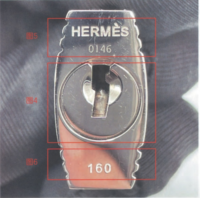 Hermès lock and key set with multiple markings including "HERMES", "0146", and "160" – reference for identifying authentic hardware.