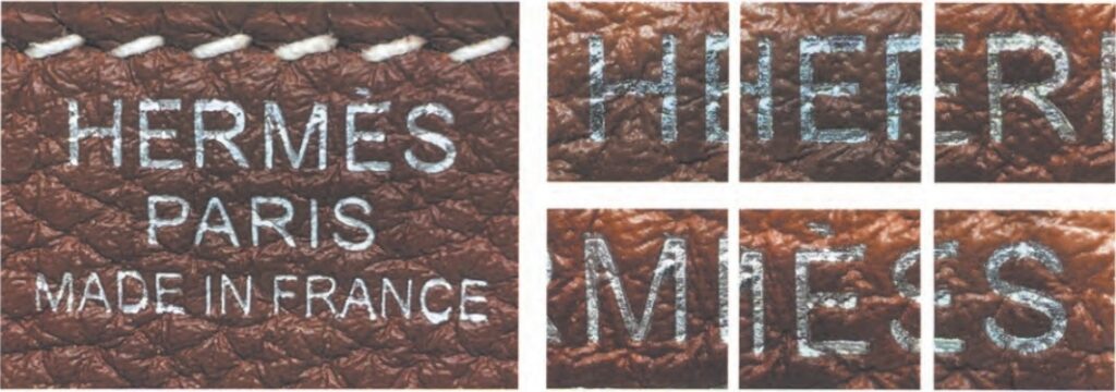 Hermès hardware stamp showing "HERMES PARIS MADE IN FRANCE" – authentic metal engraving detail.