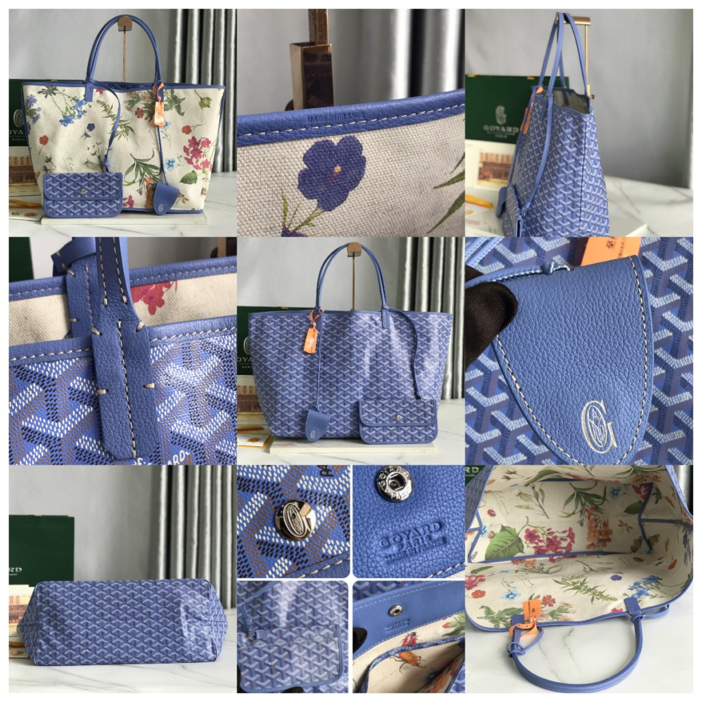 Limited edition sky blue Saint Louis tote AAA goyard replica bag featuring intricate floral botanical interior print.