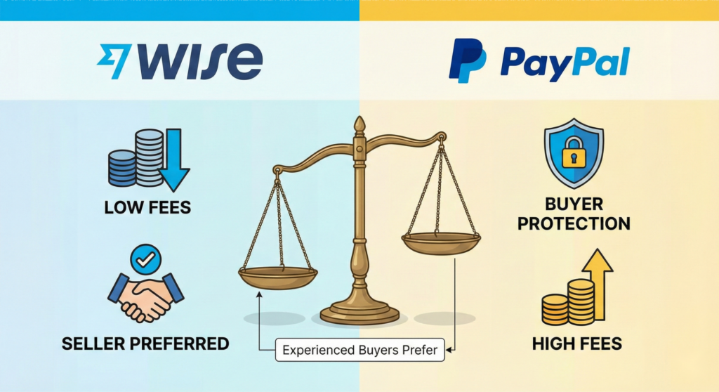 A comparison infographic between Wise and PayPal. The Wise side shows icons for "LOW FEES" and "SELLER PREFERRED". The PayPal side shows icons for "BUYER PROTECTION" and "HIGH FEES". A central balance scale tips towards the Wise side, with a label that reads "Experienced Buyers Prefer