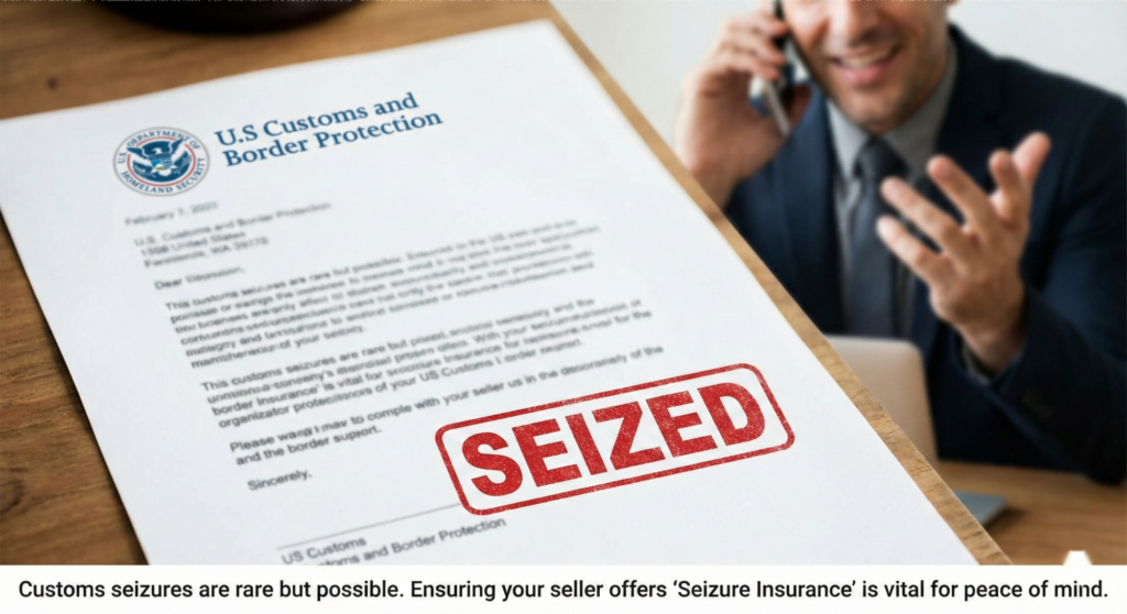 A high-quality photograph showing hands in white cotton gloves using a magnifying glass to inspect a tan Hermès Birkin-style handbag. The bag is partially inside an open cardboard shipping box. On the wooden table are a US passport, US dollar bills, a smartphone displaying a "Wise Payment Confirmed" screen, and a paper checklist.