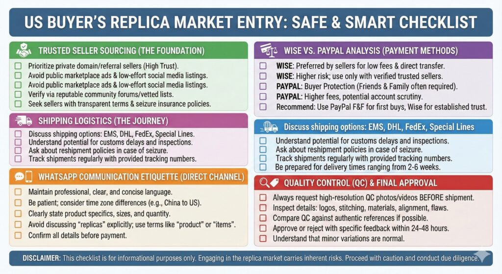 A comprehensive checklist titled "US BUYER'S REPLICA MARKET ENTRY: SAFE & SMART CHECKLIST". It is divided into five color-coded sections: "TRUSTED SELLER SOURCING (THE FOUNDATION)", "WISE VS. PAYPAL ANALYSIS (PAYMENT METHODS)", "WHATSAPP COMMUNICATION ETIQUETTE (DIRECT CHANNEL)", "SHIPPING LOGISTICS (THE JOURNEY)", and "QUALITY CONTROL (QC) & FINAL APPROVAL", each with several actionable points and a disclaimer at the bottom.