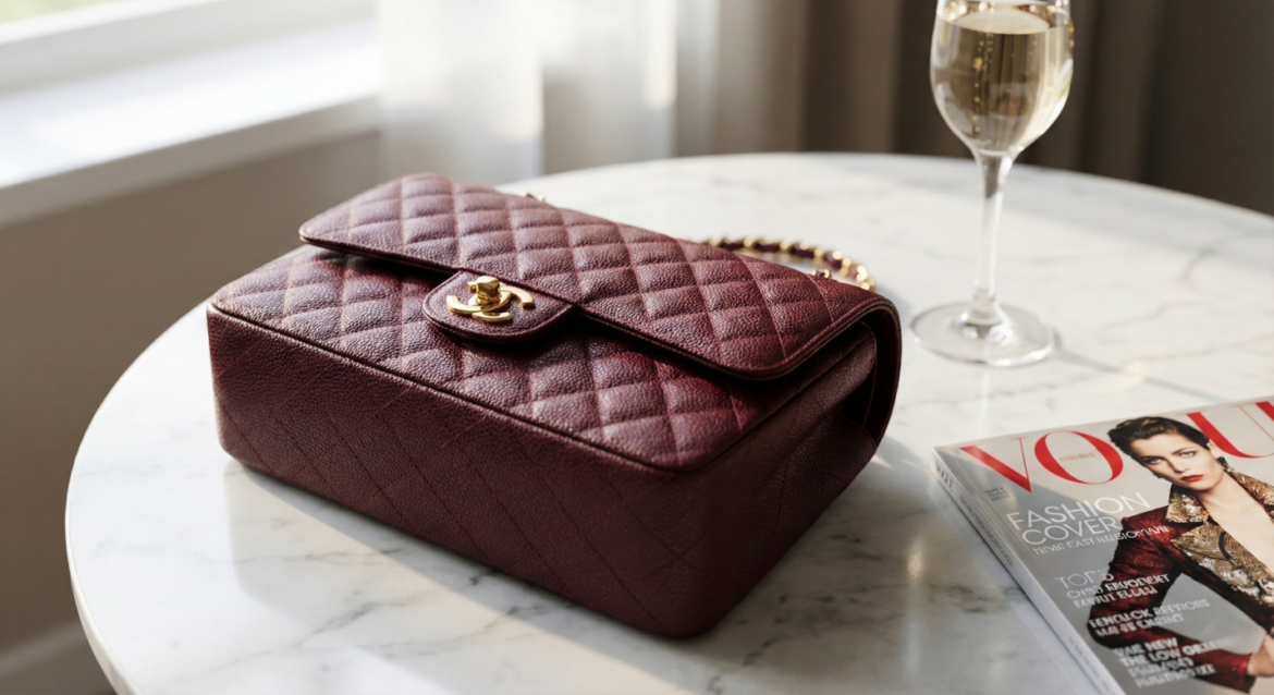 Luxurious burgundy AAA Chanel replica bag 2025 trend featuring premium Caviar leather and gold hardware next to Vogue magazine