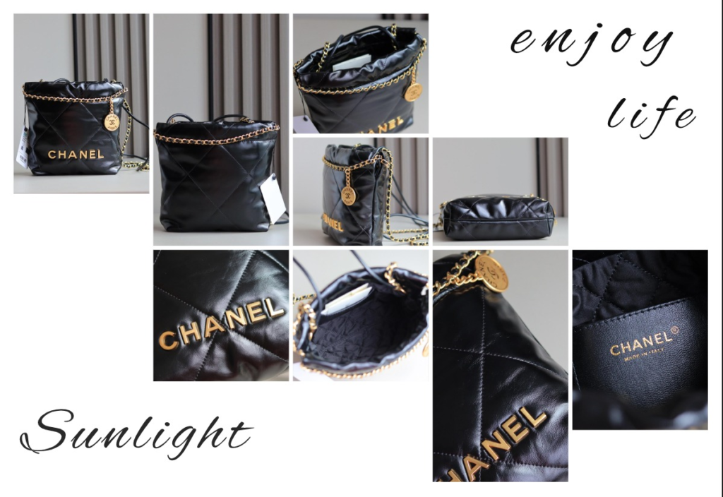 Chanel 22 replica bag details highlighting the slouchy glossy leather texture, gold CHANEL lettering, and medallion charm.
