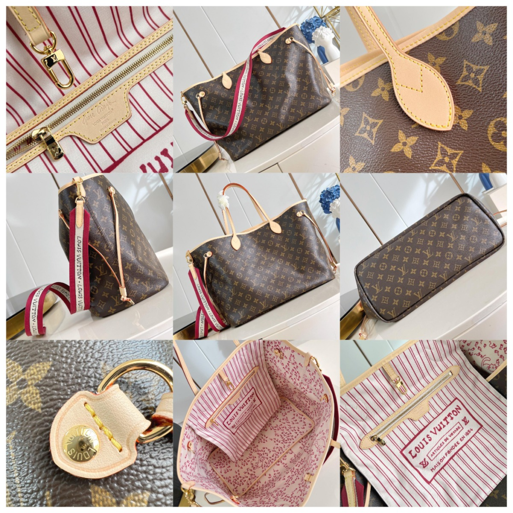 Close-up views of the Louis Vuitton Neverfull Inside Out replica, featuring the reversible design with colorful striped textile lining and Monogram canvas exterior comparison.
