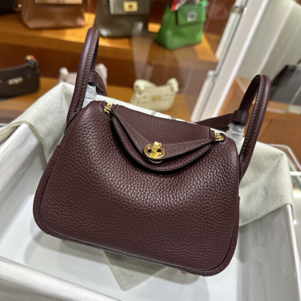 High-quality Hermes Mini Lindy 19 replica in Rouge Sellier Clemence leather displaying authentic slouch and gold hardware.