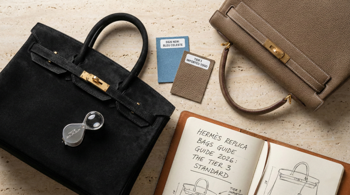 Professional Hermes replica analysis setup showing a jeweler's loupe on a Black Suede Birkin 25, alongside the Hermes Replica Bags Guide 2026 notebook.