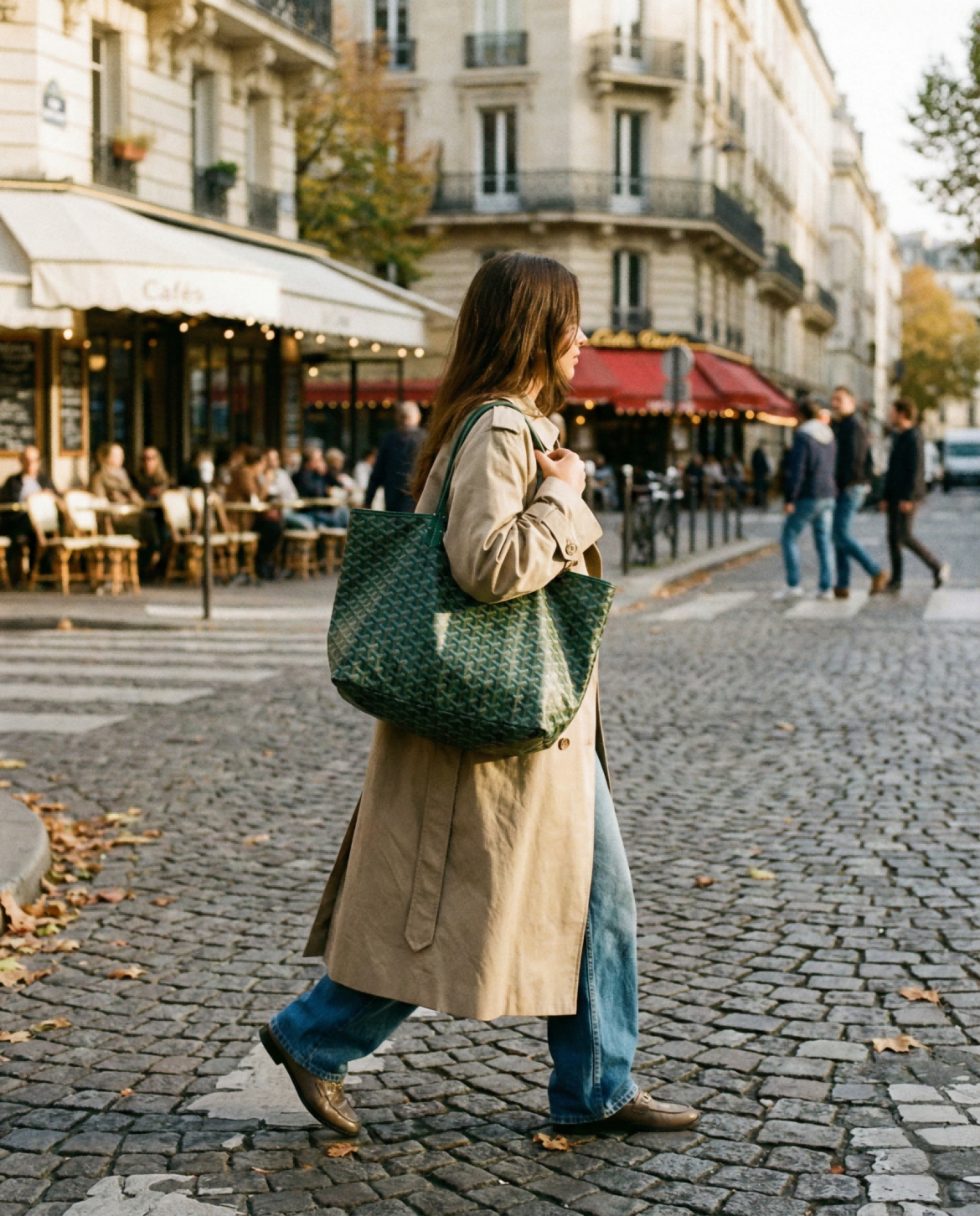 Street style photography of a woman carrying a Green Goyard Saint Louis GM replica in Paris, demonstrating the natural slouch and drape of the 2026 AAA canvas in natural light