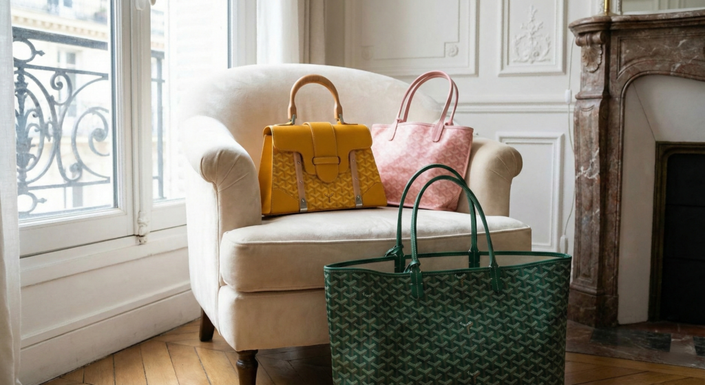 The most popular 3 Goyard replica bags of 2026 displayed together: Green Saint Louis, Yellow Saïgon, and Pink Anjou Mini, showing color accuracy and size comparison for AAA grade buyers.