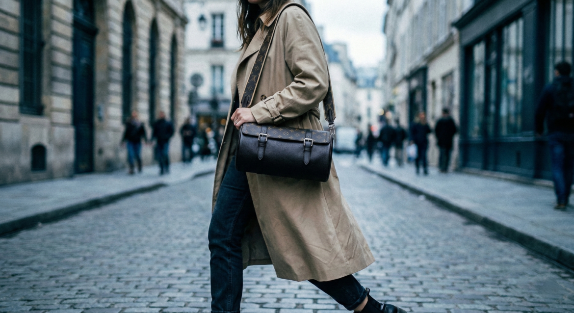Street style fashion photography showing how to style the LV replica bags 2026, featuring a model wearing the dark City Barrel bag crossbody with a beige trench coat.