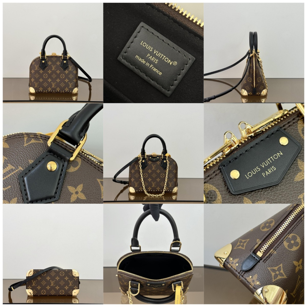 Close-up view of an AAA LV replica bag in the Alma Trunk BB style, highlighting the precise Monogram canvas alignment, gold metal trunk corners, and black leather trim details for the 2026 collection.