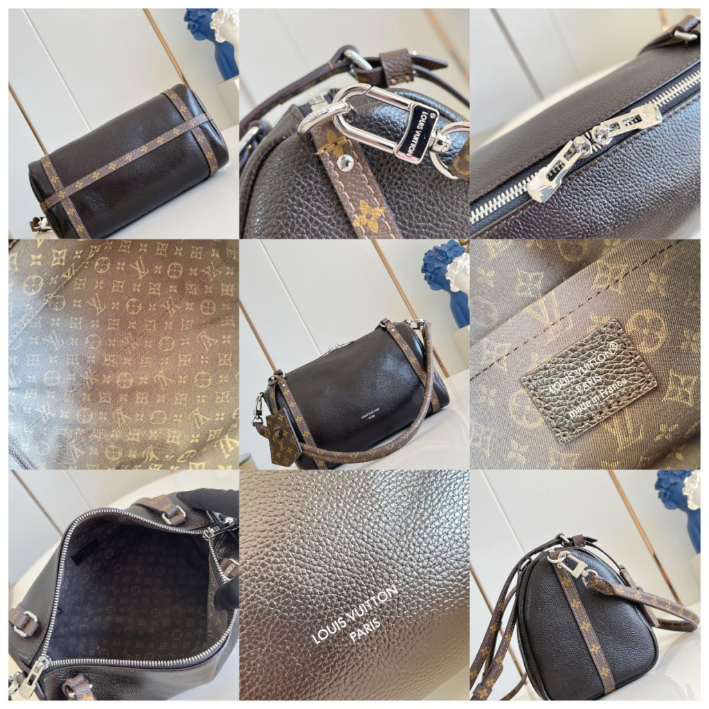 Review of the LV City Barrel replica featuring dark pebbled leather contrasted with Monogram canvas straps and high-quality silver hardware, a key trend in the LV replica bags 2026 market.