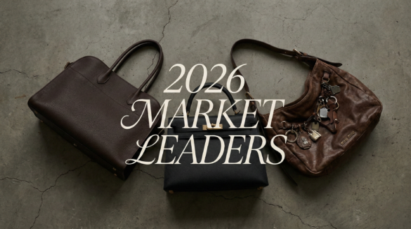 2026 market leaders in superfake handbags showcasing The Row Margaux, Hermès Kelly, and Miu Miu Aventure replicas on a textured background.