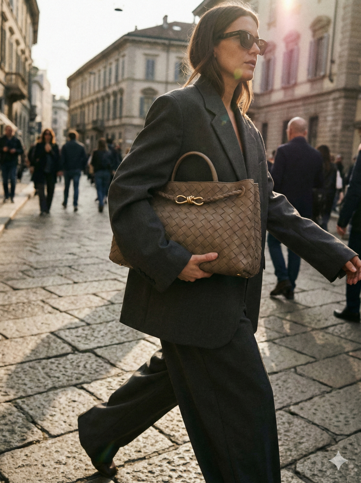 A woman in an oversized charcoal suit carries the taupe AAA Bottega Veneta Andiamo replica bag, showcasing its use as a chic and functional everyday bag in a 2026 fashion context.
