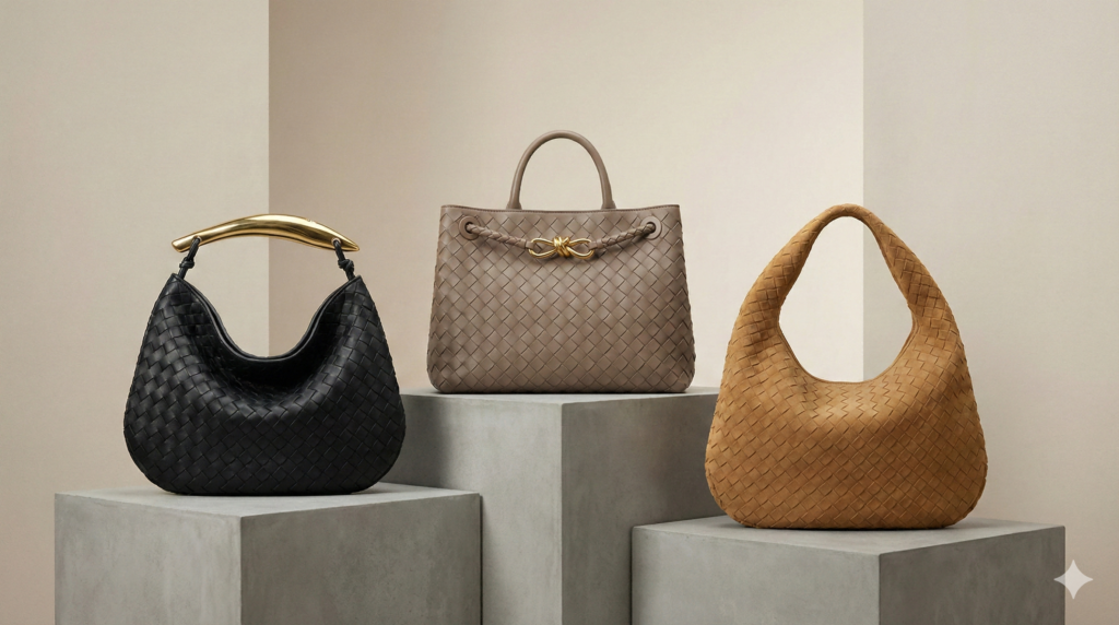 Studio shot displaying our top 3 Bottega Veneta replica bags 2026: the black Sardine with gold handle, the taupe Andiamo with gold knot, and the camel suede Hop, arranged on minimalist concrete pedestals.