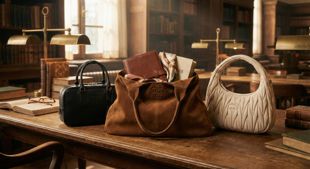 The predicted most popular 3 Miu Miu replica bags of 2026 including black Arcadie, brown suede tote, and cream Wander displayed in a vintage library setting.