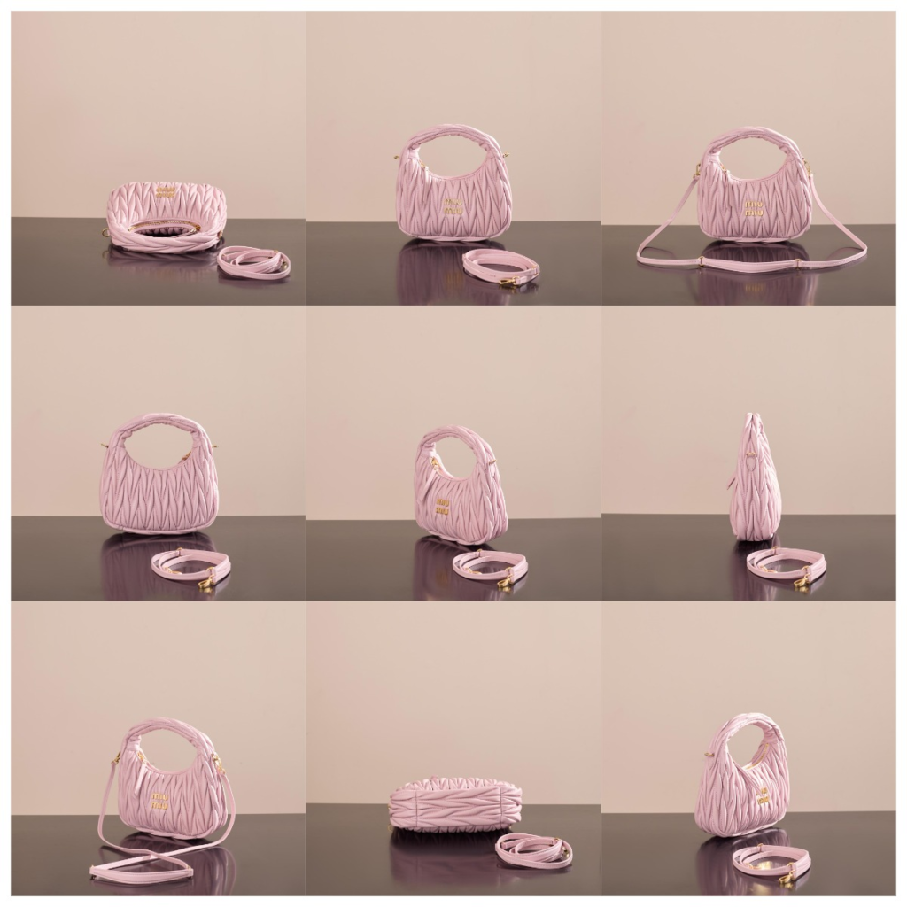 Pink Miu Miu Wander replica bag featuring signature Matelassé gathered leather texture, gold logo, and crescent hobo shape in a 360-degree view.