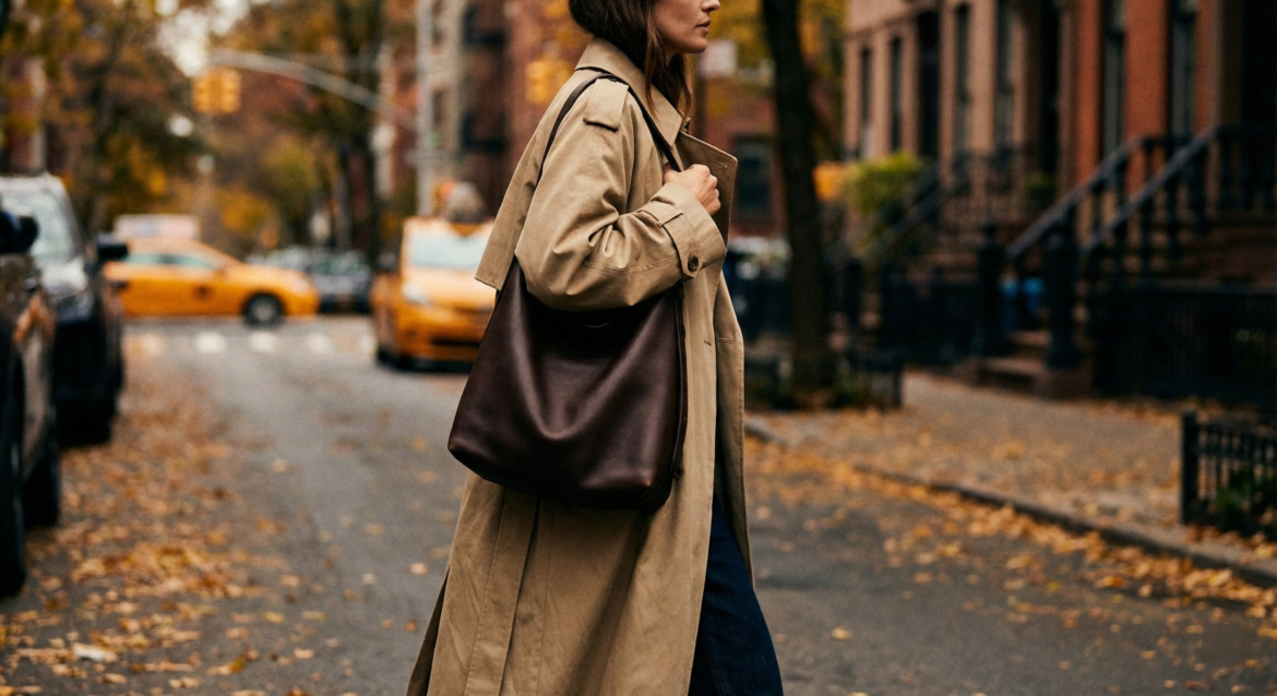 Street style photography of a woman wearing a trench coat carrying a large dark brown The Row N/S Park Tote, demonstrating the bag's shoulder strap drop and slouchy leather drape for autumn 2026 fashion.