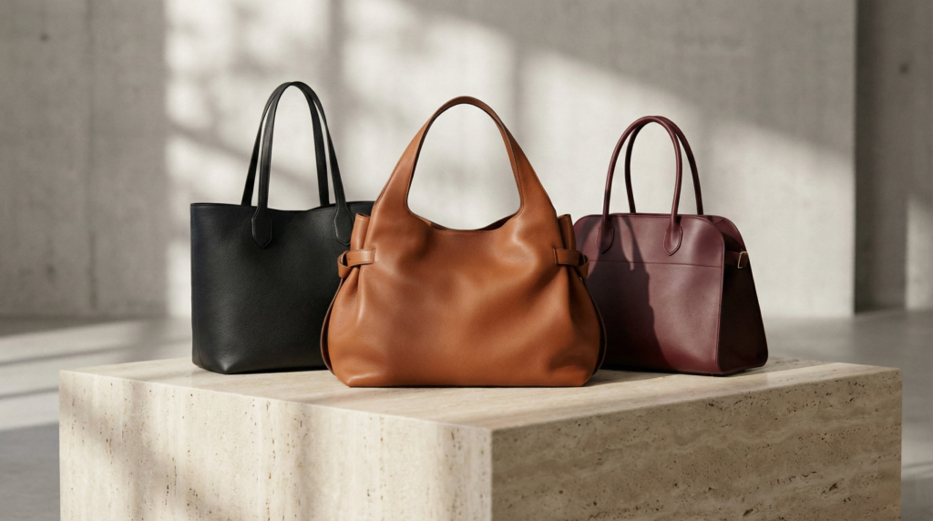 The Row 2026 bag collection featuring the black N/S Park Tote, brown slouchy Margaux 17, and burgundy Marlo on a travertine stone display, showcasing the quiet luxury color palette.