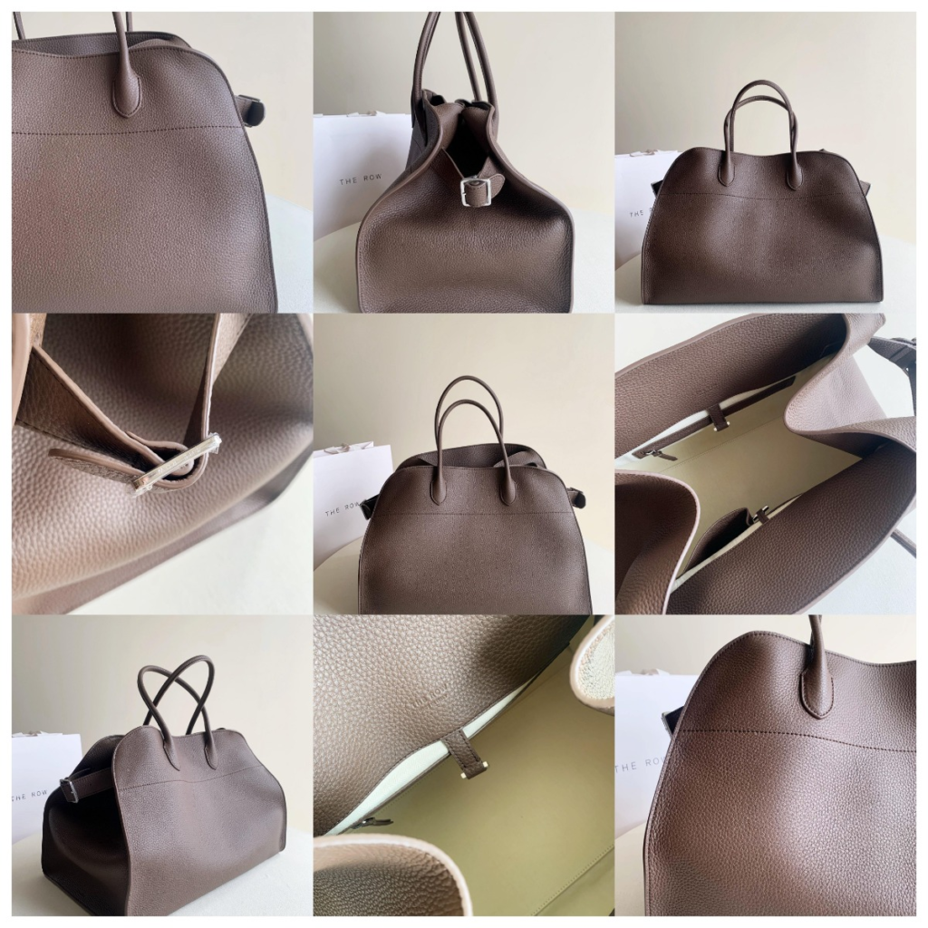 Detailed collage of an AAA replica The Row Margaux 17 in grained calfskin. Photos showcase the massive 43cm capacity, the signature side belt gussets, and the rich, fleshy texture of the top-grain leather, perfect for travel or oversized styling.