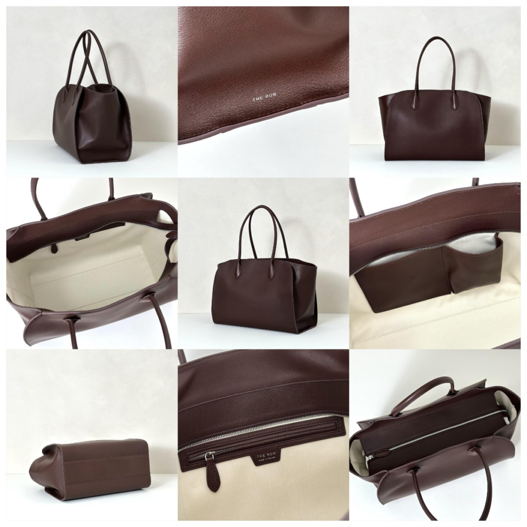 Detailed look at the The Row Marlo 14 replica in Coffee smooth plain leather. Images display the structured 36cm profile, top zipper closure for security, and the clean side gusset construction that distinguishes it from the Margaux.